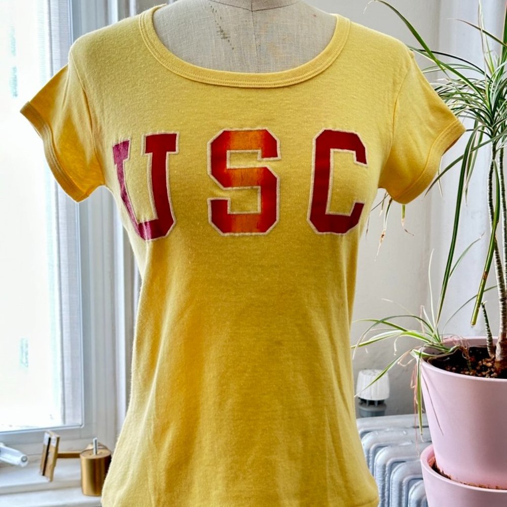 Vintage 1980s USC Trojans Yellow Fitted T-Shirt - Collegiate Pacific Sz Misses L